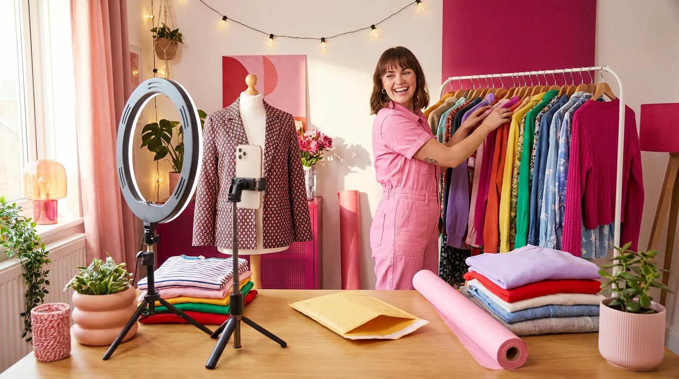 An energetic reselling flatlay: neatly folded fashion pieces, a phone showing a Poshmark-style closet listing, a shipping label and packing supplies on a bright pink-lit desk